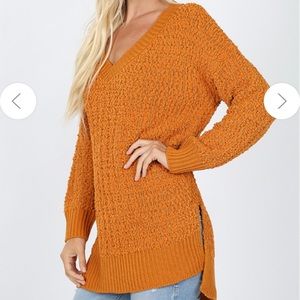 Desert Mustard Popcorn-Knit V-Neck Sweater